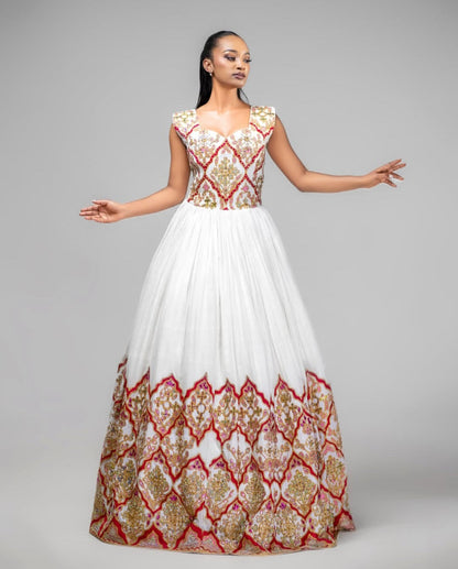 Outdoor Celebration Kemis Sleeveless – Red & Gold Habesha Dress Bezawit