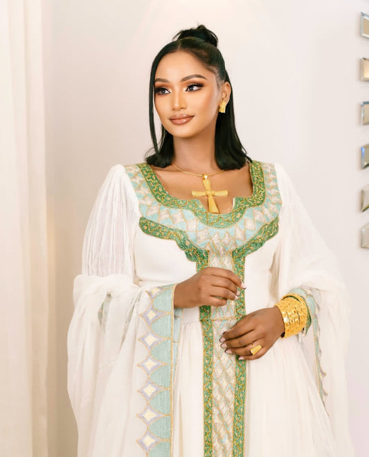 Long-Sleeved Embroidered Habesha Dress – Elegant Zuria for Special Events