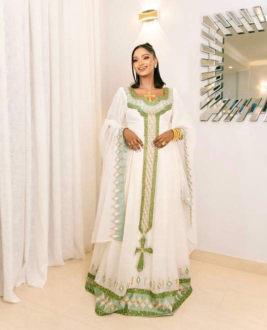 Long-Sleeved Embroidered Habesha Dress – Elegant Zuria for Special Events