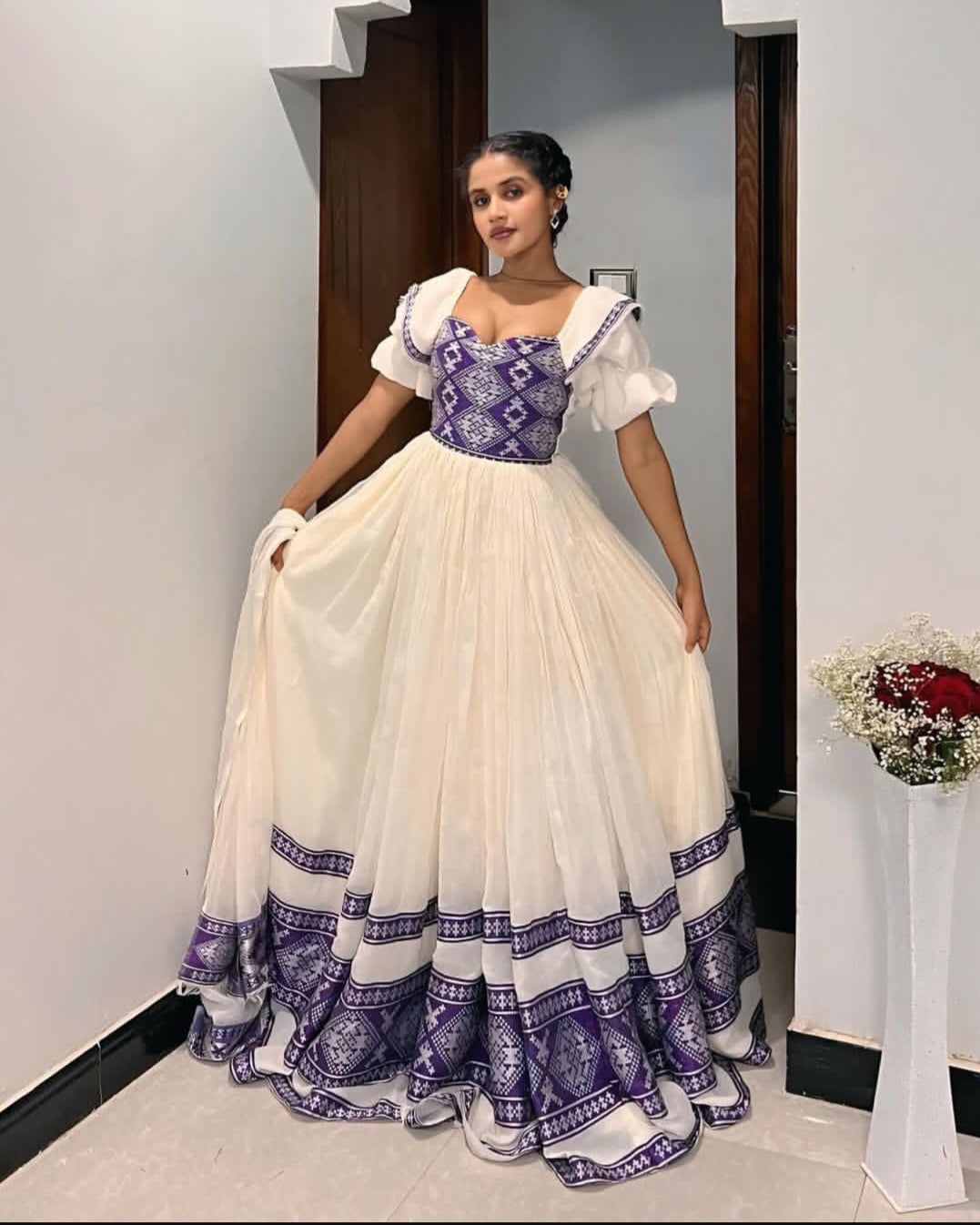 Purple & siliver Habesha Kemis – Fitted Cultural Dress for Engagements Bezawit