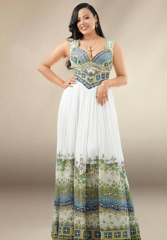 Ethiopian special days Habeshas Kemis – Traditional Dress with Silver Embroidery for Celebrations