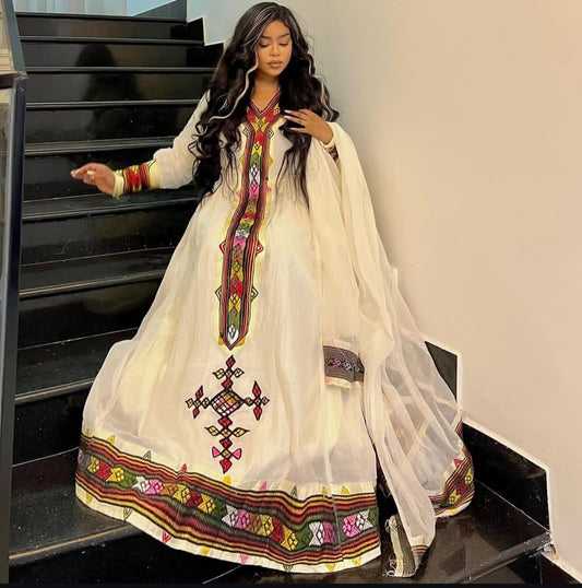 Modern Ethiopian Kemis with colorful Tilet – Contemporary Habesha Dress for Graduations