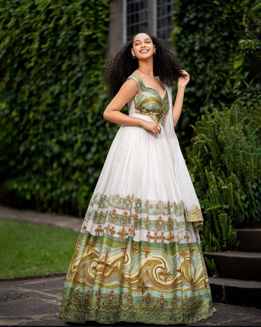 Timeless Habesha Kemis with green and Gold – Ethiopian Celebration Dress Bezawit
