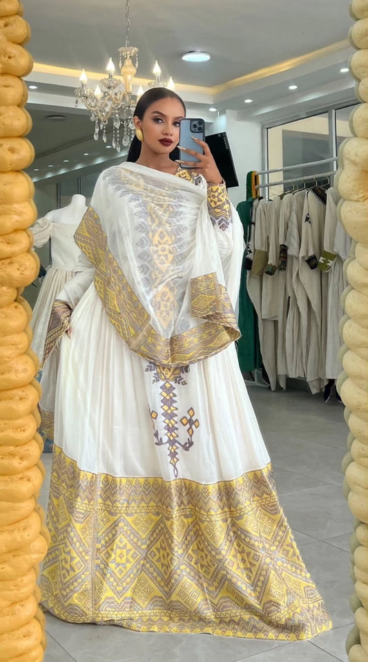 Ethiopian Radiant & Simple Habesha Dress – Traditional Kemis with Yellow Tibeb Embroidery