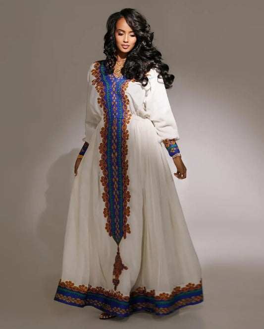 Classic Ethiopian Kemis for Holidays – Traditional Dress in White & Purple