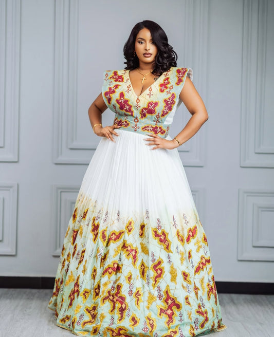 Elegant Handwoven Habesha Zuria in White with Red and Yellow
