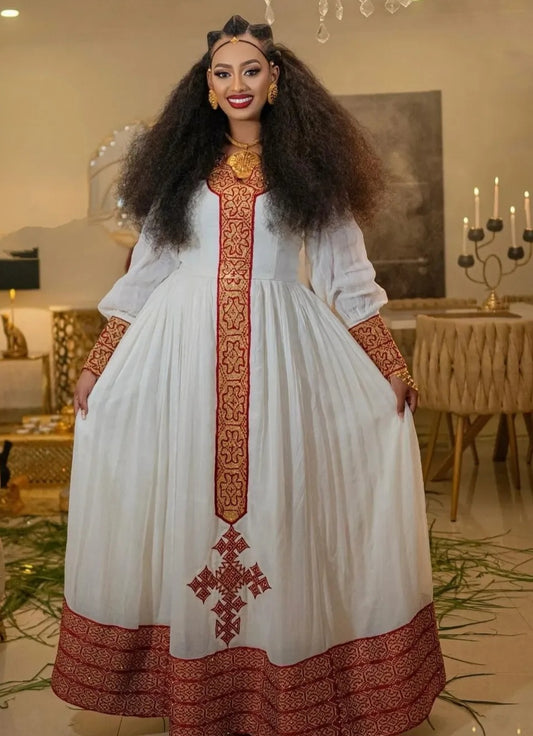Custom Habesha dress with Colorful Embroidery - Ethiopian Outfit for Engagements