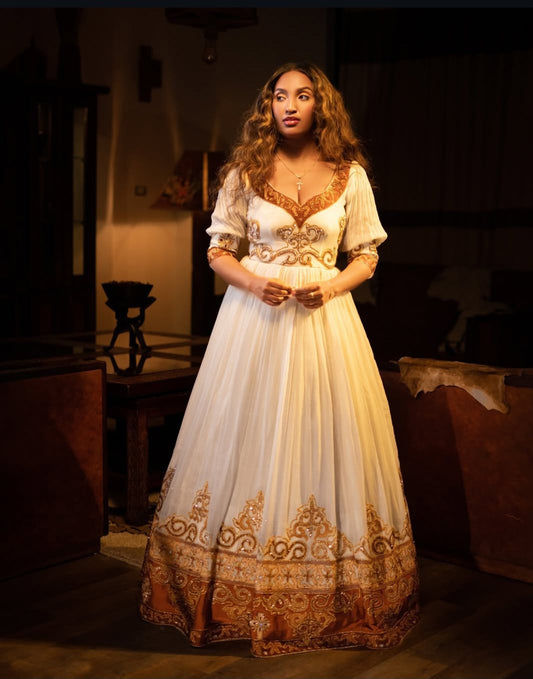 Graceful White Habesha Zuria - Traditional Eritrean Dress with Gold Edge Details