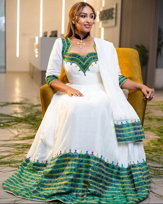 Vibrant Modern Habesha Dress - Ethiopian Traditional Attire with Green & Gold Accents Bezawit