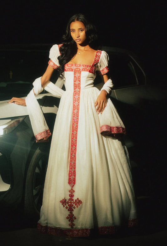 Stunning White Habesha Kemis for Women - Traditional Ethiopian Dress with Red Cross Design