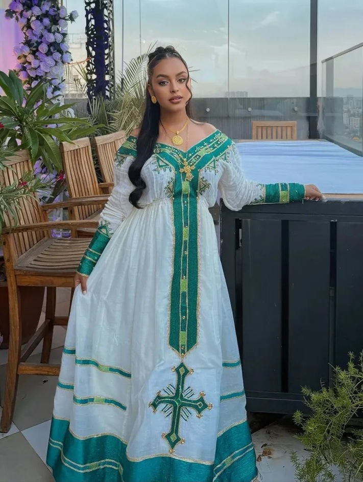 Modern Eritrean Dress in White with Green Embroidery Bezawit