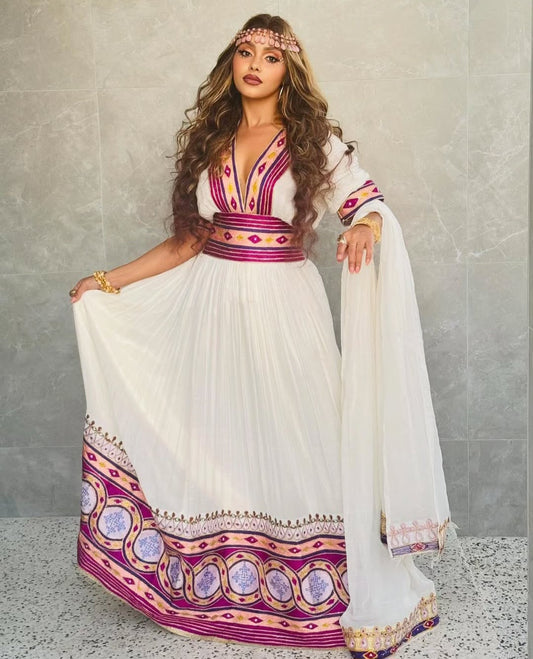 Stylish purple Habesha Dress - Traditional Ethiopian Kemis for Celebrations Bezawit