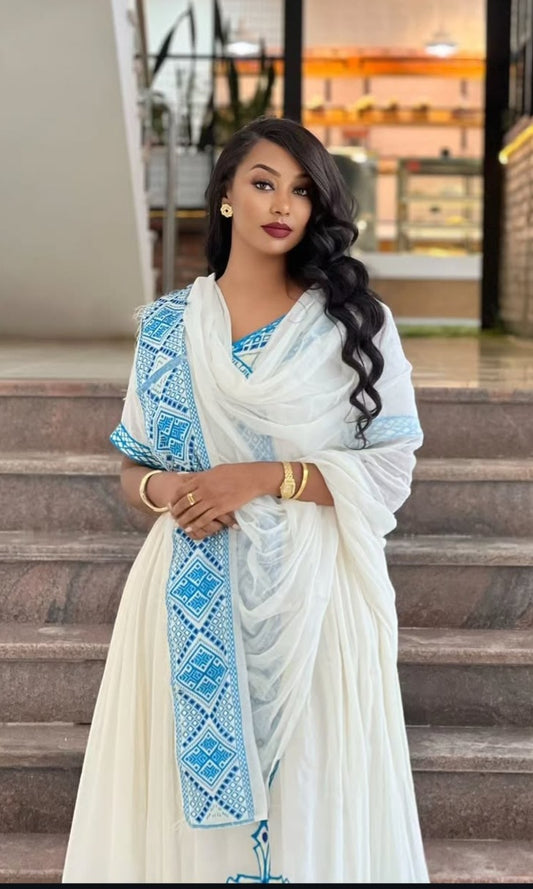 Modern Blue Habesha Dress for Women - Stylish Ethiopian Zuria with Intricate Patterns
