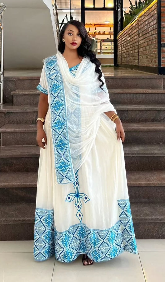 Modern Blue Habesha Dress for Women - Stylish Ethiopian Zuria with Intricate Patterns