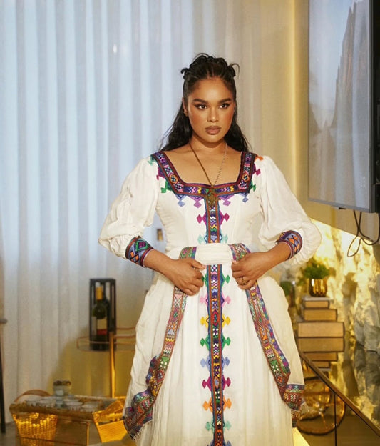 vibrant multi-color Habesha dress - Modern Ethiopian Zuria with Gold Trim Bezawit