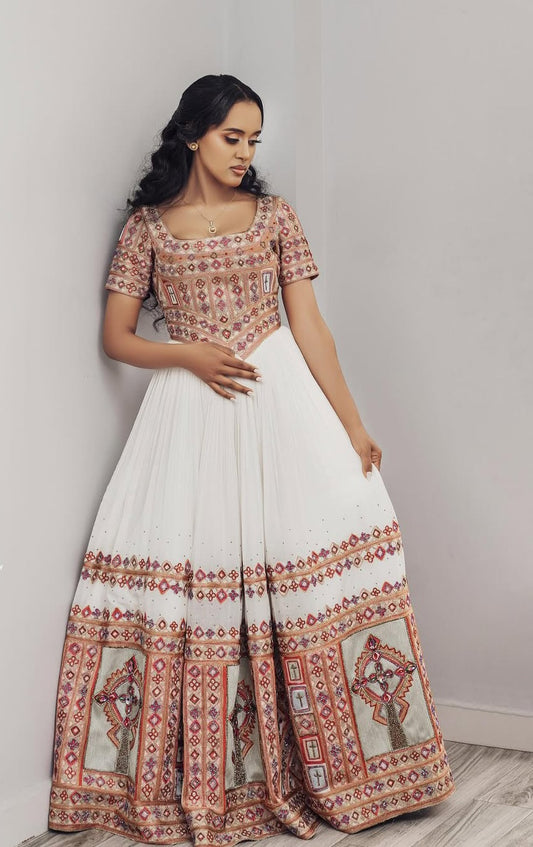 Elegant White and Red Habesha Dress for Women - Traditional Ethiopian Attire with Modern Details