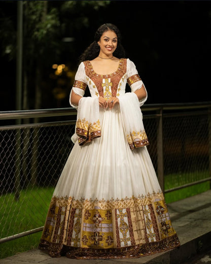 Modern wedding Habesha Dress for Women - Stylish White Zuria, Contemporary Traditional Habesha Kemis