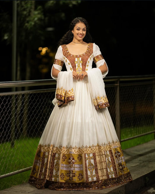 Modern wedding Habesha Dress for Women - Stylish White Zuria, Contemporary Traditional Habesha Kemis
