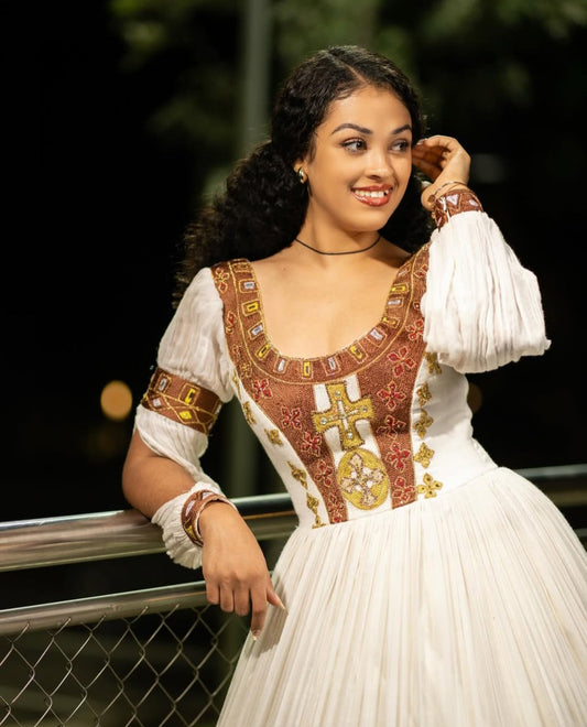 Modern wedding Habesha Dress for Women - Stylish White Zuria, Contemporary Traditional Habesha Kemis Bezawit