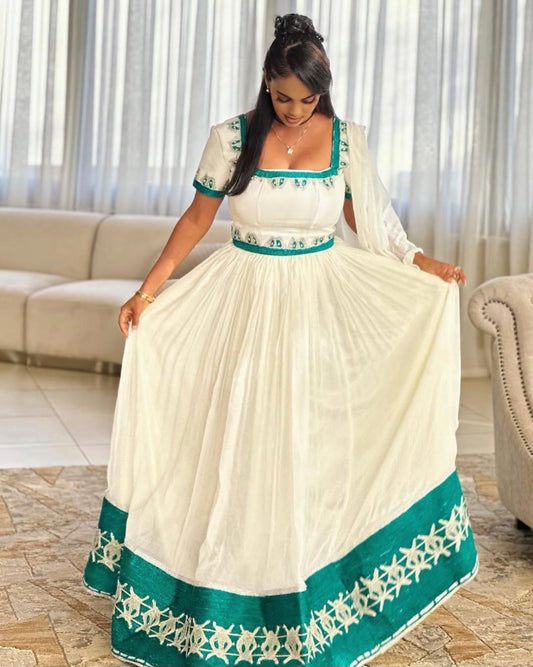 Serene White Habesha Kemis - Elegant Ethiopian Dress with Teal Accents