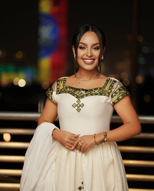 Elegant Cream Habesha Kemis – Traditional Ethiopian Dress with Yellow & Gray Embroidery