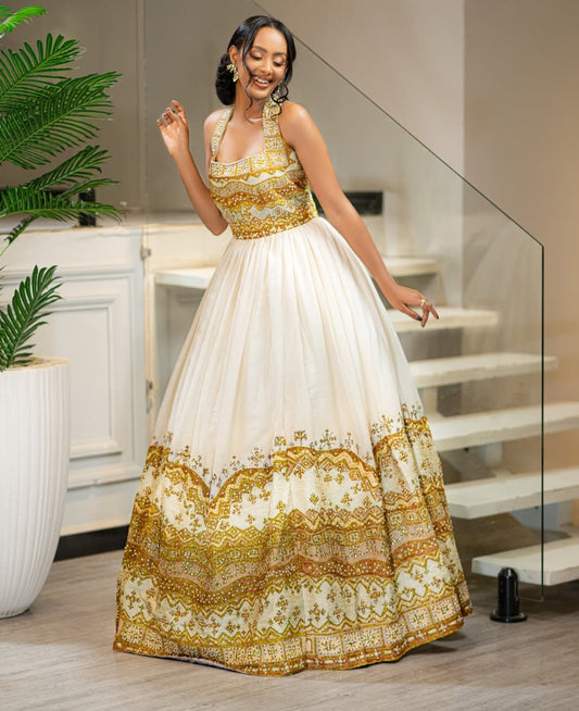 Luxury White Habesha Dress – Sleeveless Ethiopian Kemis with Gold Beading