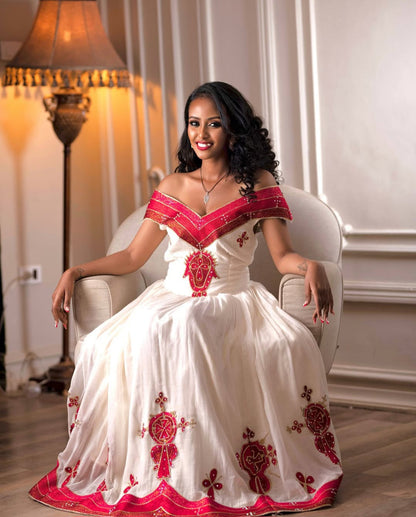 Off-Shoulder White Habesha Dress – Red & Gold Embroidered Ethiopian Kemis Bezawit