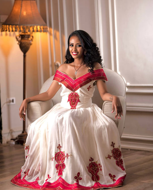 Off-Shoulder White Habesha Dress – Red & Gold Embroidered Ethiopian Kemis