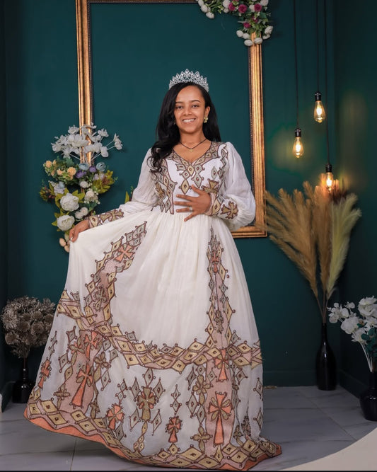 Classic Off-White Habesha Wedding Dress – Gold & Brown Embroidery
