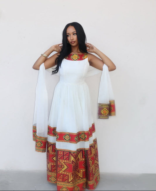 Sleeveless White Ethiopian Dress – Red, Gold & Black Embroidered Habesha Kemis Bezawit