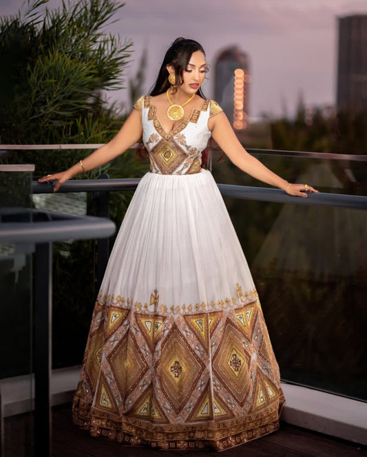 Modern Habesha Formal Dress – Gold & Brown Embroidered Ethiopian Prom Attire