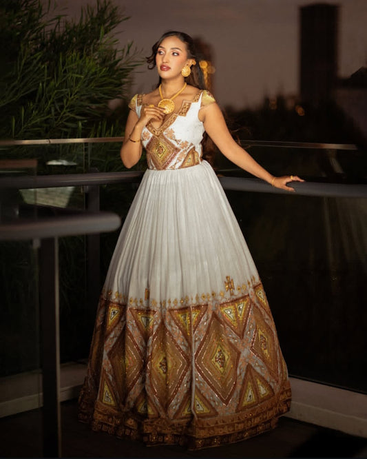 Modern Habesha Formal Dress – Gold & Brown Embroidered Ethiopian Prom Attire