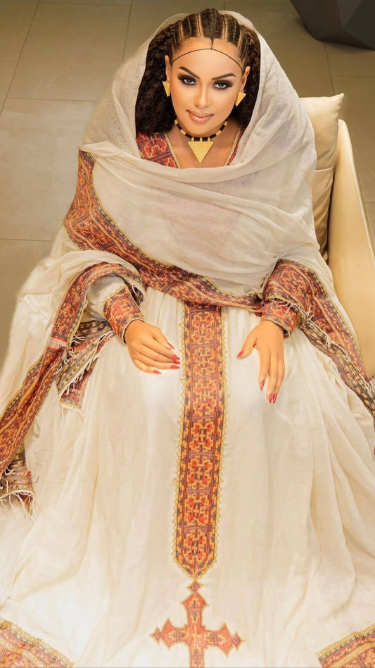 Off-White Traditional Ethiopian Dress – orange & Brown Embroidered Cultural Kemis