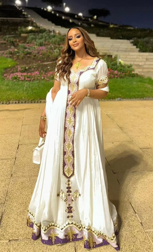 White Habesha Dress with Purple & Gold Panel – Traditional Ethiopian Kemis Style Bezawit