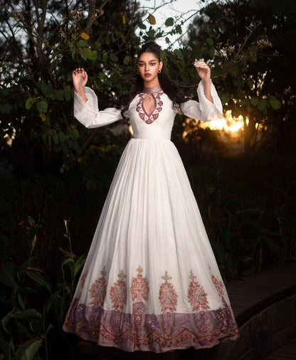 Handmade Traditional Habesha Kemis Dress - Ethiopian Zuria, Cultural Ethiopian Dress for Women with Purple Details Bezawit