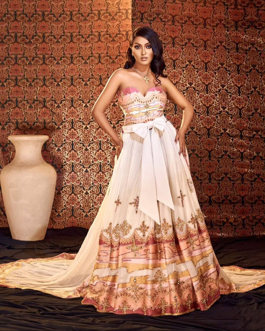 Strapless Ethiopian Habesha Dress – Off-White Gown with Pink, Orange & Gold Embroidery Bezawit