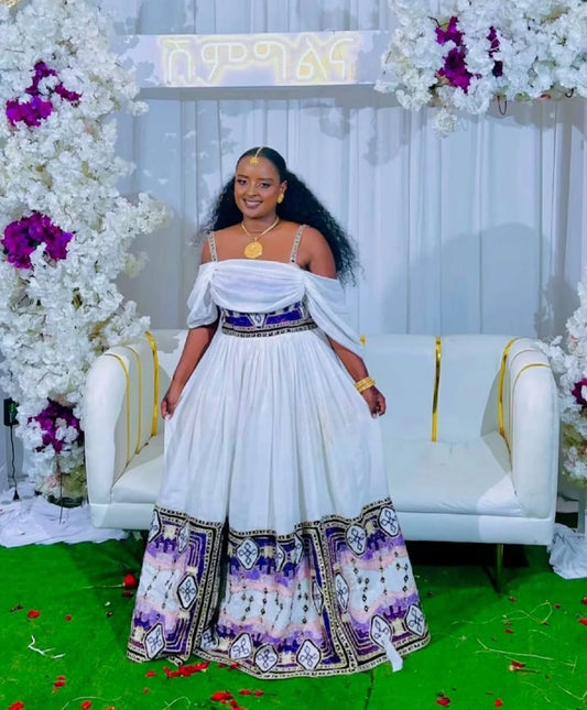Elegant White Habesha Dress for Women - Traditional Ethiopian Zuria with Purple & Gold Embroidery