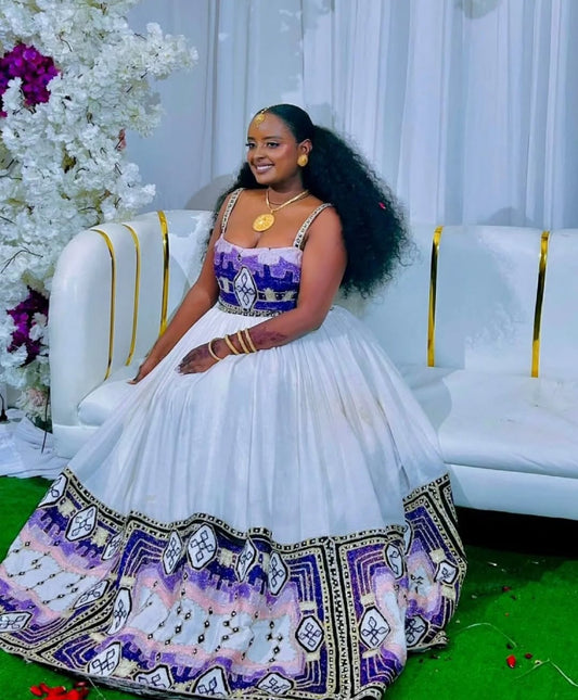 Elegant White Habesha Dress for Women - Traditional Ethiopian Zuria with Purple & Gold Embroidery Bezawit