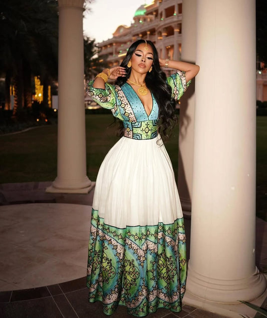 Modern Ethiopian Habesha Kemis – White Dress with Green, Blue & Gold Embroidery
