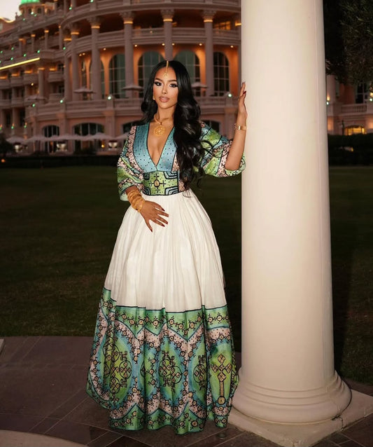 Modern Ethiopian Habesha Kemis – White Dress with Green, Blue & Gold Embroidery