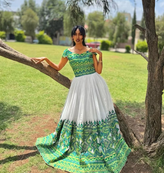 Ethiopian habesha  Dress with Green & Gold Embroidery – Traditional Habesha Kemis