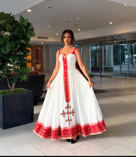 Striking White & Ruby Red Ethiopian Graduation Dress with Gold Details