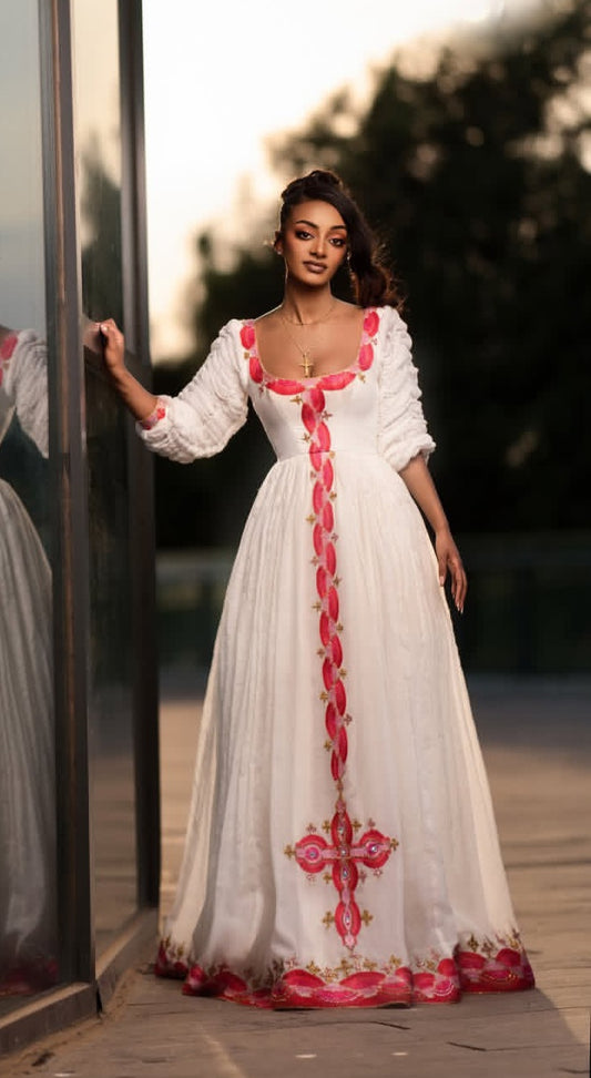Red & Gold Embroidered Dress with Cross Detail- White Ethiopian Habesha Kemis