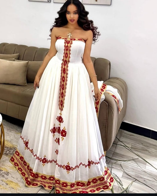 Elegant White & Scarlet Red Modern Habesha Kemis with Matching Netela