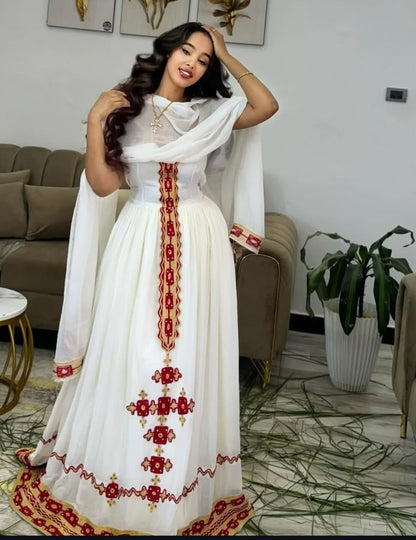 Elegant White & Scarlet Red Modern Habesha Kemis with Matching Netela