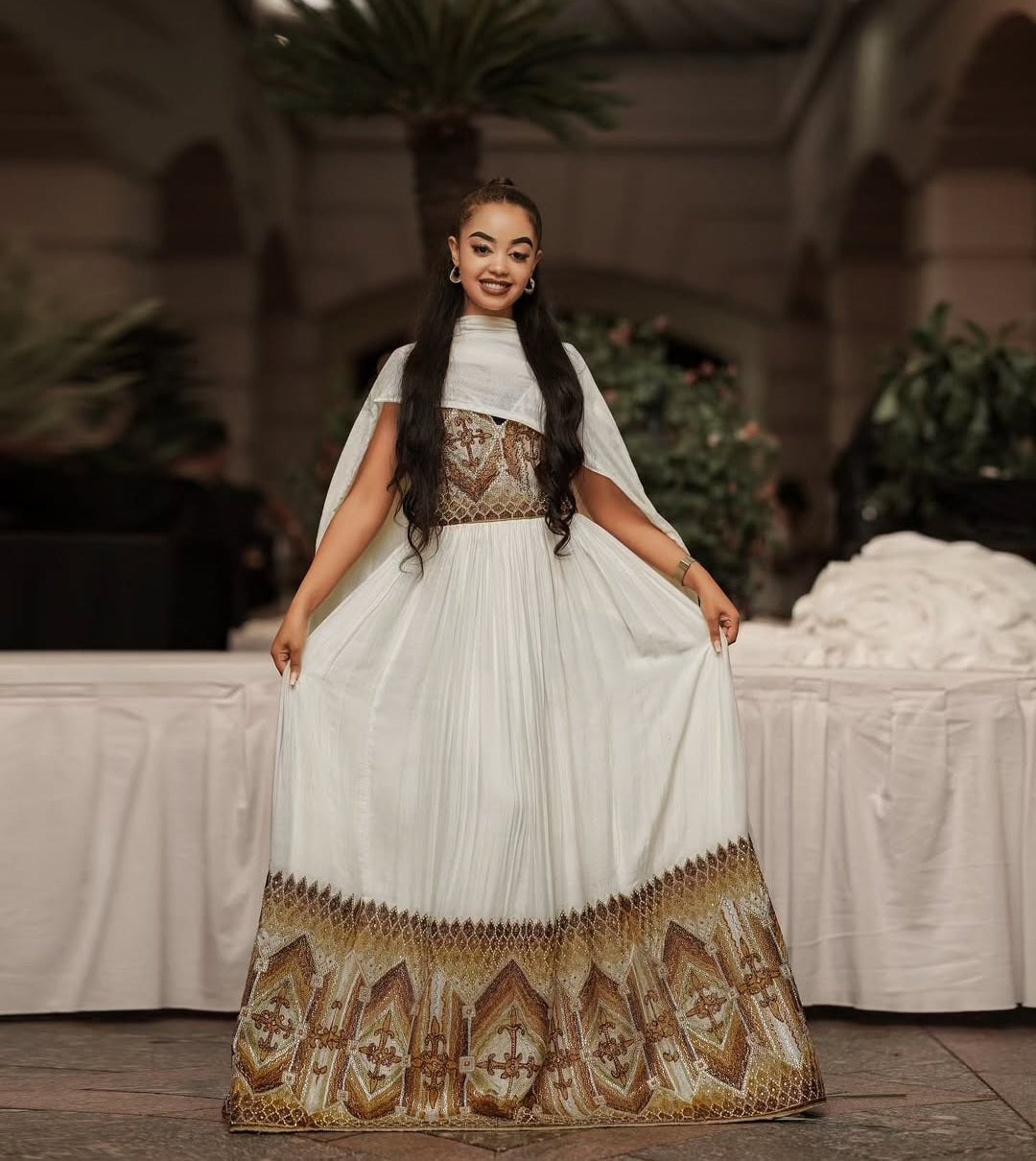 Sophisticated Cream & Bronze Traditional Ethiopian Dress with Geometric Motifs Brown / S