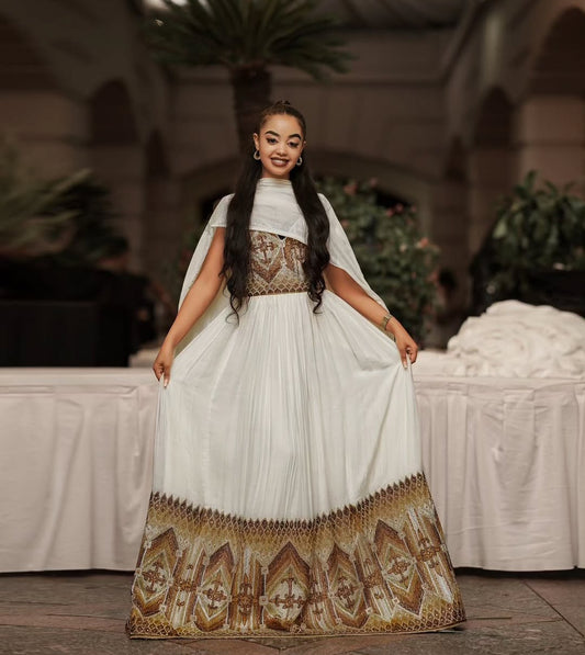 Sophisticated Cream & Bronze Traditional Ethiopian Dress with Geometric Motifs