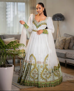 Puff Sleeves White & Olive Green New Habesha wedding dress Bezawit