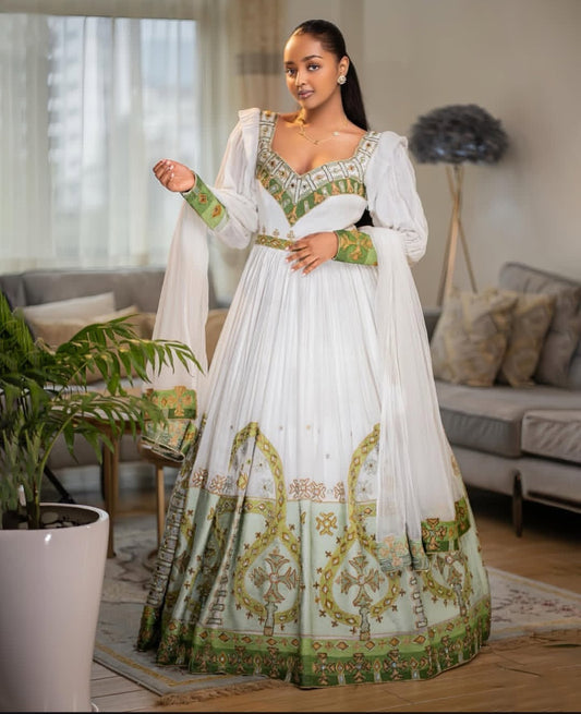 Puff Sleeves White & Olive Green New Habesha wedding dress