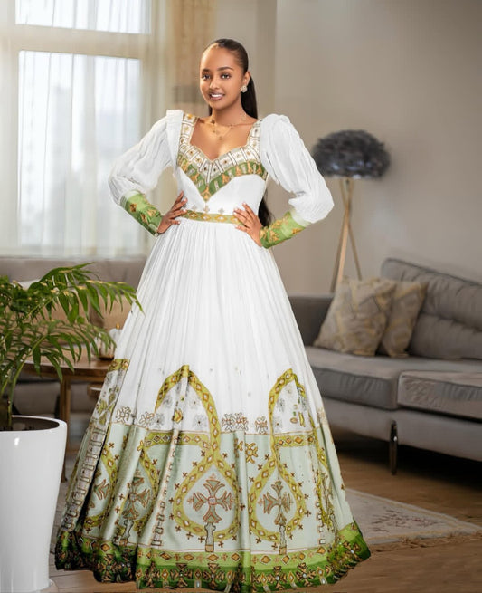 Puff Sleeves White & Olive Green New Habesha wedding dress